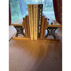 Vintage School Desk Bookends Rustic Cast Iron Wood Pair | Farmhouse Cottage Dec